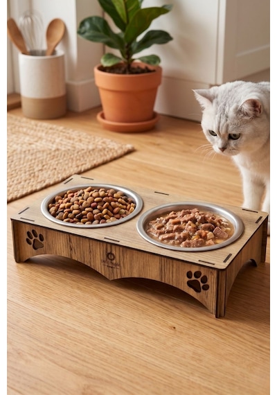 Petmagic 2'li Mama Kabı, Ahşap Çelik Kaseli Kedi Mama Kabı, Ahşap Standlı, Metal Kaseli