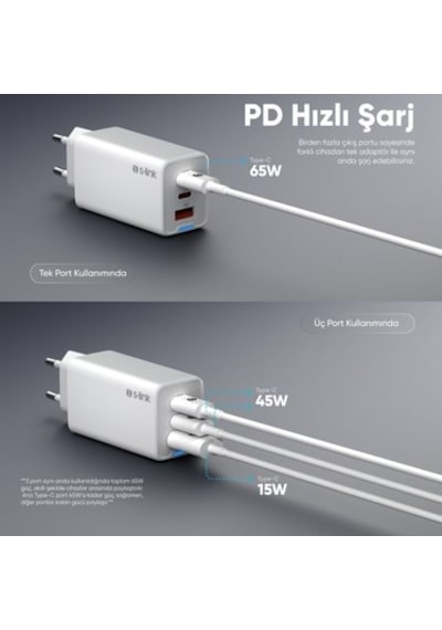 65w Pd Hızlı Şarj Adaptörü, 2 Usb-c Ve Usb-a Girişi İle Beyaz