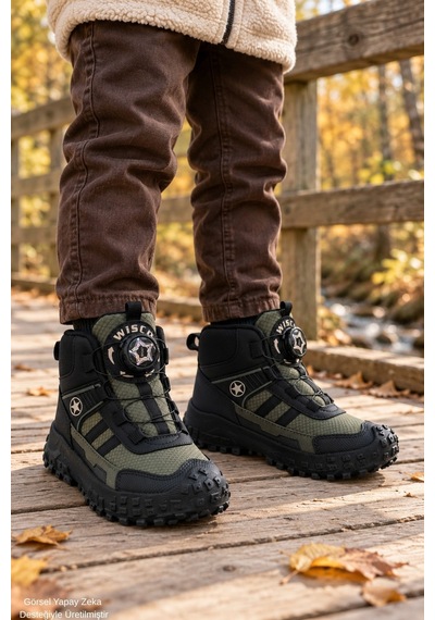 Muggo Torky Bağcık Ayar Mekanizmalı Kalın Taban Unisex Çocuk Günlük Outdoor Trekking Bot Haki
