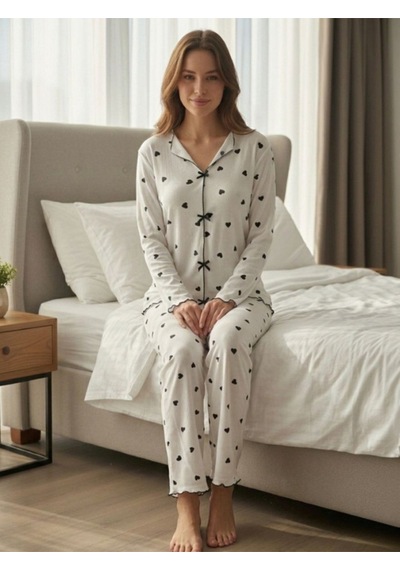 Kadın Kalp Desenli Kurdele Detaylı 2'li Pijama Takım Siyah