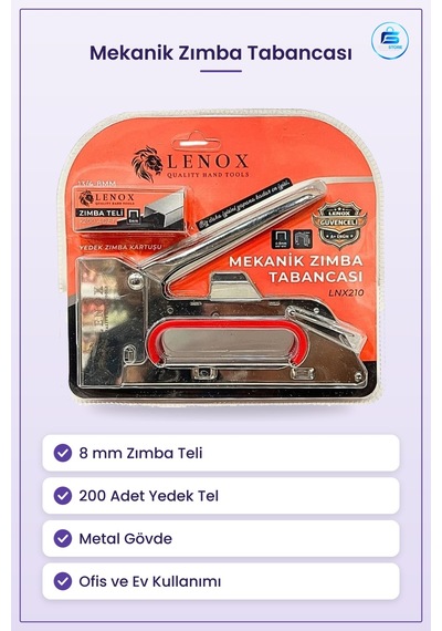 Mekanik Zımba Tabancası 8 Mm Tel 200 Adet Yedek Kartuşlu Ofis Ev