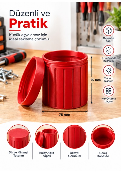 Kapaklı Silindirik Saklama Kutusu 70x75 Mm Küçük Parça Vida Civata Düzenleyici Organizer Vida Kutusu ,küçük Parça Organizer , Kapaklı Saklama Kutusu Kırmızı