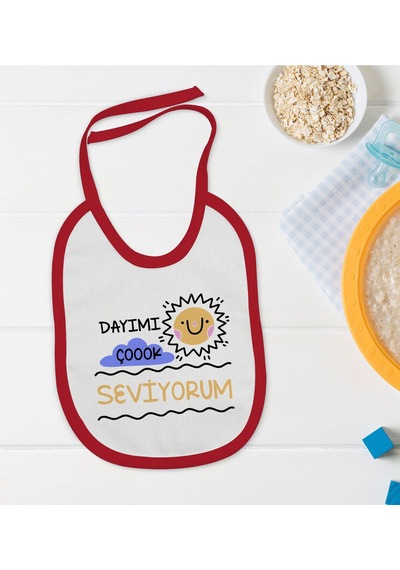 BK Kids Dayımı Çok Seviyorum Tasarımlı Kırmızı Bebek Mama Önlüğü- Kırmızı