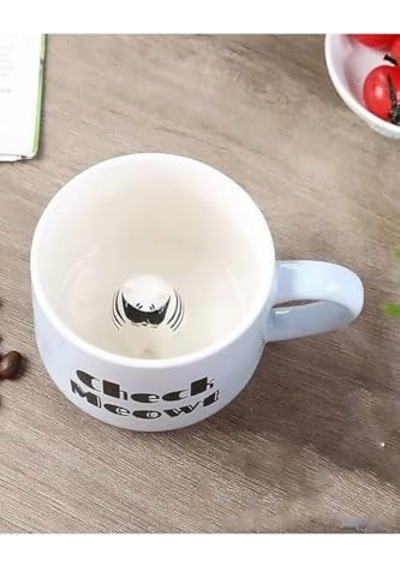 3d Kedi Figürlü Porselen Kupa Eğlenceli Yazılı Ve Sürprizli Tasarım, 350 Ml,mavi Açık Ahşap
