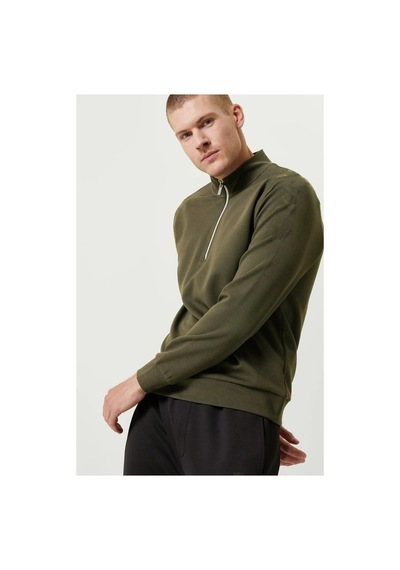 Erkek 3 İplik Pamuklu Uzun Kol Yarım Farmuarlı Yakalı Sweatshirt - - Haki