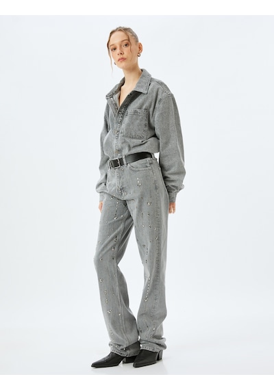 Koton Düz Uzun Paça Normal Bel Cep Detaylı Taşlı Kot Pantolon - Longer Straight Fit Jean Gri 5wal40177md Gri