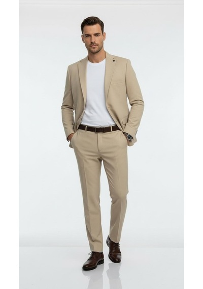 Erkek Slim Fit Mikro Dokulu Takım Elbise Çift Düğmeli Modern Kesim Bej