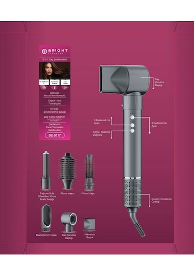 Bright Elegance BE-5117 6 in 1 Hava Üflemeli BLDC İyonizer Saç Şekillendirici Set Antrasit