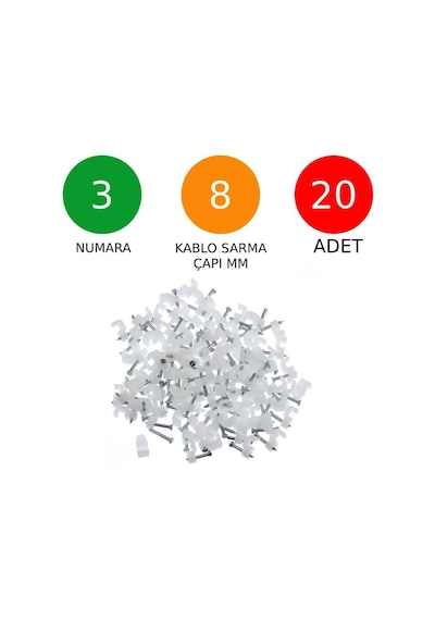 Beton Çivili Kablo Tutucu Kroşe No: 3 8 Mm Uyumlu 20 Adet Plastik Kablo Sabitleyici