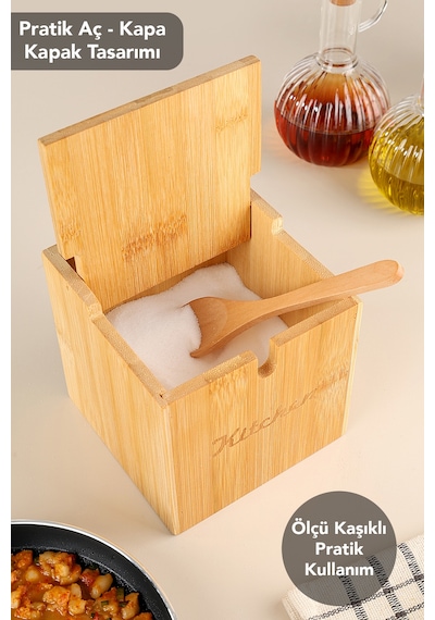 Kaşıklı Bambu Baharat Kutusu - Bambu Kapaklı Tuz Kabı Tuzluk Baharatlık Kutu 12x12 Cm Bej