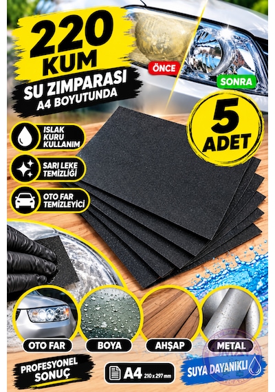 5 Adet 220 Kum Islak Kuru Su Zımparası Oto Far Temizleme Ve Parlatma Zımpara Kağıdı