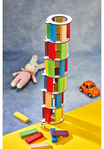 Renkli Tower Plus Jenga Büyük Boy Doğal Ahşap Denge Kule Oyunu Tower