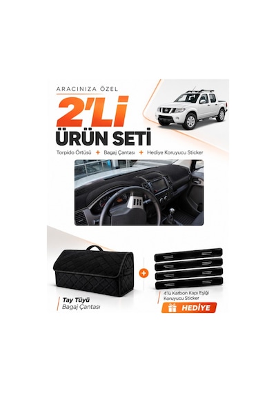 E-biz Nissan Navara 2005-2015 Uyumlu Torpido Örtüsü + Tay Tüyü Bagaj Çantası Seti - Siyah - Nı009