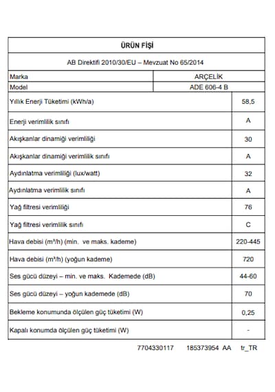 Arçelik ADE 606-4 B Duvar Tipi Ankastre Davlumbaz