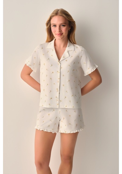Suwen Nude Gömlek Yaka Şort Pijama Takımı Sh26615667b338 Ekru