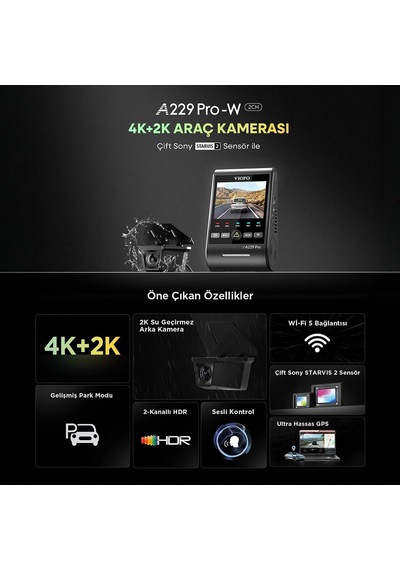A229 Pro W 2 Kameralı Ön+arka Su Geçirmez 4k+2k Sony Starvıs 2 Sensör Gps'li Araç Kamerası