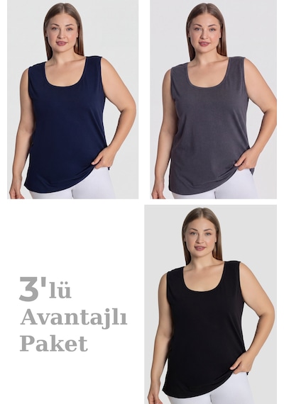 Arma Yıldız Kadın Pamuklu Büyük Beden Kalın Askılı Atlet 3'lü Paket Lacivert Antrasit Siyah