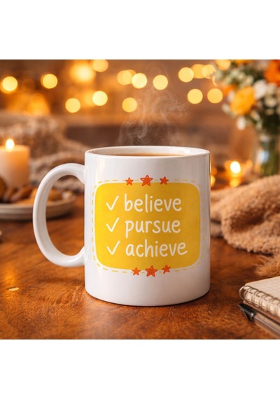 Believe Pursue Achieve Yazılı Porselen Kupa Model 124 Motive Edici Tasarım, İlham Veren Kahve & Ça