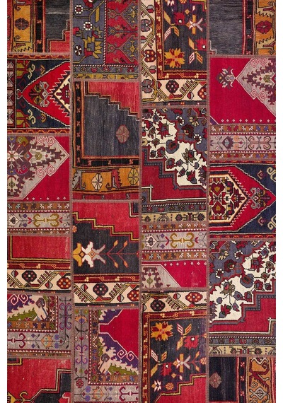 Patchwork Desenli Yıkanabilir Pamuk Taban Dijital Baskılı Halı Kırmızı