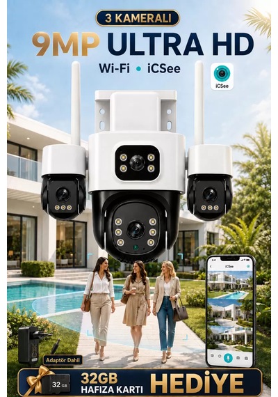 İcsee 9001 9mp 3 Lens Wifi Güvenlik Kamerası, Motorlu Gece Görüşlü Dış Mekan Kamera, 32gb Kart Ve Adaptör