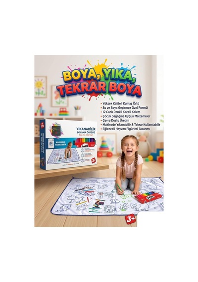 Boya Beni Yıkanabilir 100x150 Cm 12 Farklı Renkli Keçeli Kalemli Eğitici Oyuncak Boyama Halısı