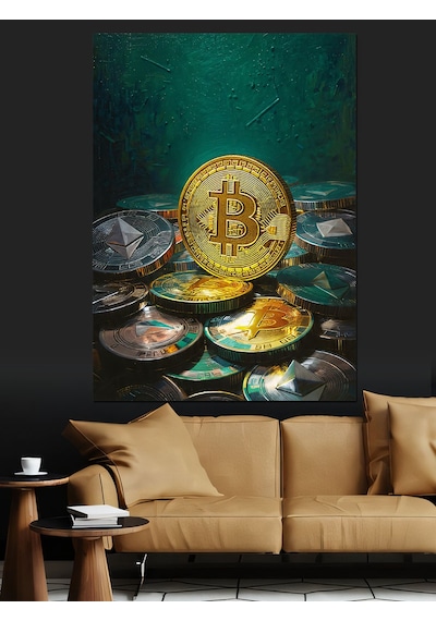 Ahşap Tablo Altın Bitcoin Kripto Para