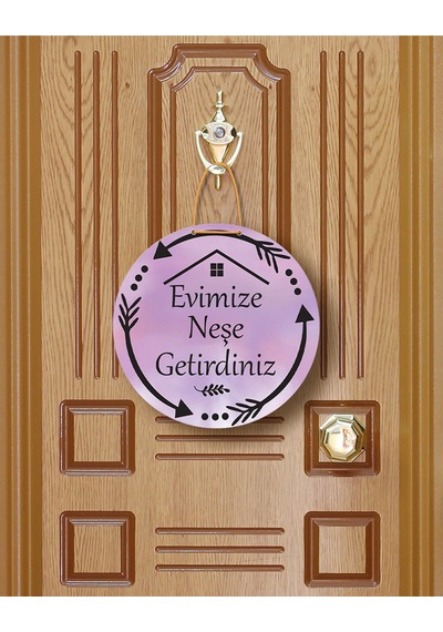 Evimize Neşe Getirdiniz" Yazılı Mdf Kapı Süsü 22.5 Cm Dekoratif Halat Askılı Giriş Dekoru Pembe