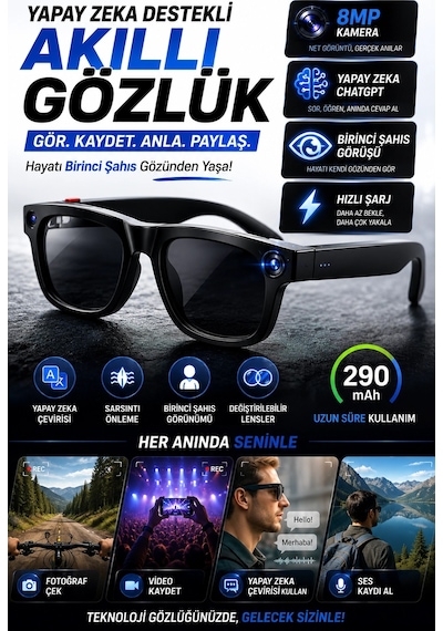 Chatgpt Destekli Yapay Zeka Akıllı Gözlük 8mp Kamera Fotoğraf Video Ve Ses Kayıtlı