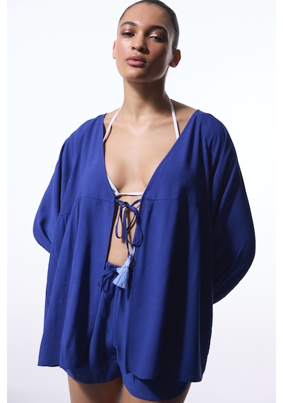 Penti Lacivert Freya Crinckle Kısa Kol V Yaka Midi Kimono
