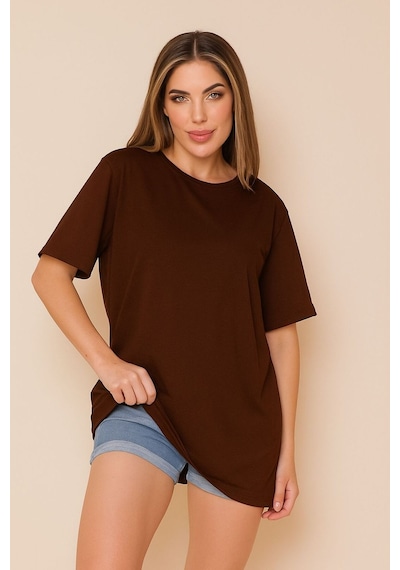 Düz Oversize Unisex Tişört Ycb4 Kahverengi