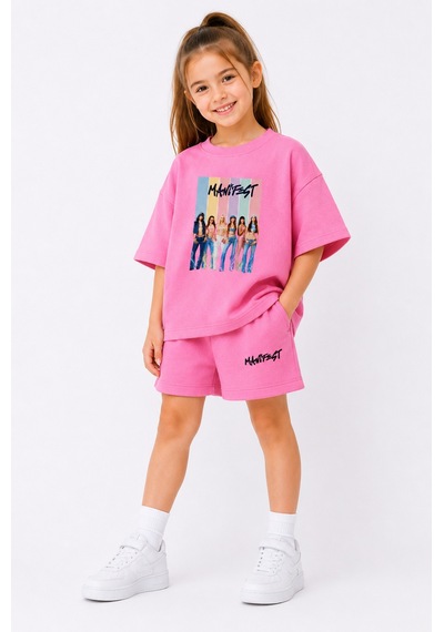 Fasardi Manifest Girls M6nifestgirls Baskılı Oversize %100 Pamuk Tişört Şort 2li Çocuk Takım Pembe