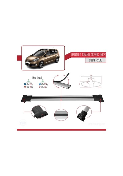 Renault Grand Scenic Mk3 2009-2016 Arası İle Uyumlu Fly Model Ara Atkı Tavan Barı Gri