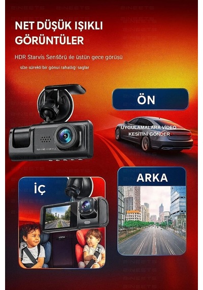 Buğz Wifi 1080p Araç İçi 3 Kameralı Lcd Ekranlı Gece Görüşlü , G-sensör , Geri Görüş Kamera