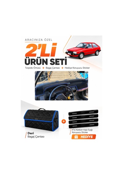 Mazda 323 Bd Eski Kasa 1980-1985 Uyumlu Torpido Örtüsü + Deri Bagaj Çantası + Sticker - Siyah Mavi