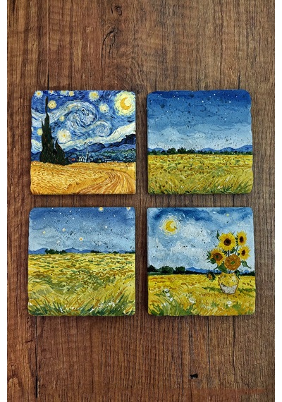 Doğal Taş Bardak Altlığı - Van Gogh Aı Eserleri Baskılı 10x10cm Yapay Zeka Stone Coasters 484 Çok Renkli