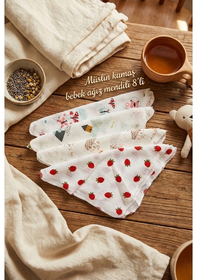 Modern Desenli Müslin Bebek Ağız Mendili Günlük Kullanım İçin Yumuşak Dokulu 25 x 25 CM 8'li Set