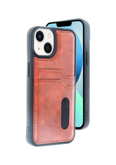 Apple iPhone Uyumlu - 15 Sara Kartvizitli Deri Kılıf - Taba