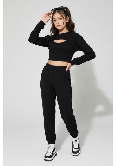 Aden Kids Kız Çocuk Siyah Waffle Örme 3 Parça Alt Üst Takım - Uzun Kollu Crop Ve Boru Paça Jogger