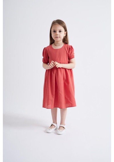 Oliventhekid Kolları Ve Beli Lastikli Kız Çocuk Elbise Kiremit Kiremit
