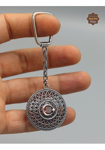 Yakut Taşlı Ayyıldız 2 Sıra Model 925 Ayar Gümüş Oksitli Telkari Anahtarlık 201025153 Gümüş