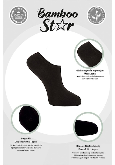 Bamboo Star Bambu Kadın Sneaker 3 Siyah - 3 Beyaz Çorap Dikişsiz Bilekte Görünmez Spor Çorap Premium 6'lı Paket Siyah - Beyaz