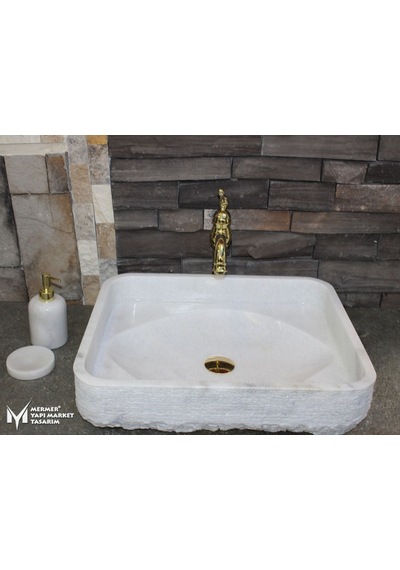 Beyaz Mermer Dışı Taramalı Kedi Gözü Model Lavabo