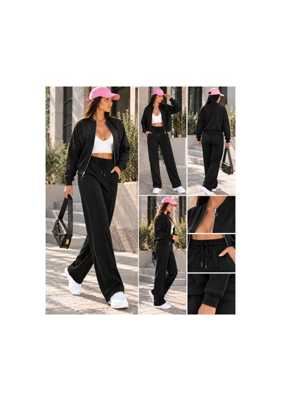 Gugus Kadın Fermuarlı Kolej Yaka Aysho Model Bol Paça Wide Leg Eşofman Takımı Siyah