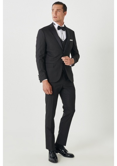 Ac&Co / Altınyıldız Classics Slim Fit Dar Kesim Mono Yaka Desenli Yelekli Smokin Takım Siyah