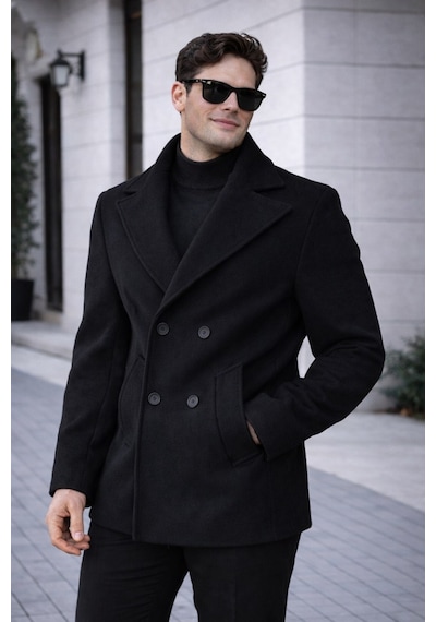Erkek Casual Kruvaze Midi Boy Kaşe Kaban - Modern Kesim Siyah Kaşe