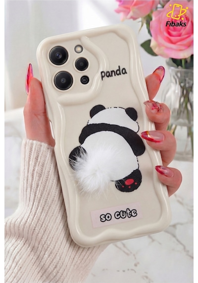 Fibaks Redmi 12 Uyumlu Kılıf Tasarımlı Desenli Kamera Korumalı Panda Beyaz Püsküllü Silikon Kapak