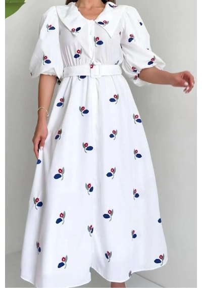Defymoda Kırmızı Yakası Çiçek Motifli Kemerli Elbise Kırmızı
