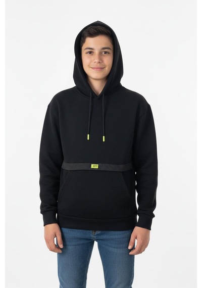 Kapşonlu Kanguru Cepli Detaylı Erkek Çocuk Sweatshirt-90838 Siyah