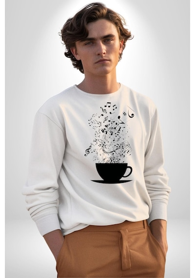 Kahve Müzik Nota Unisex Beyaz Sweatshirt Beyaz