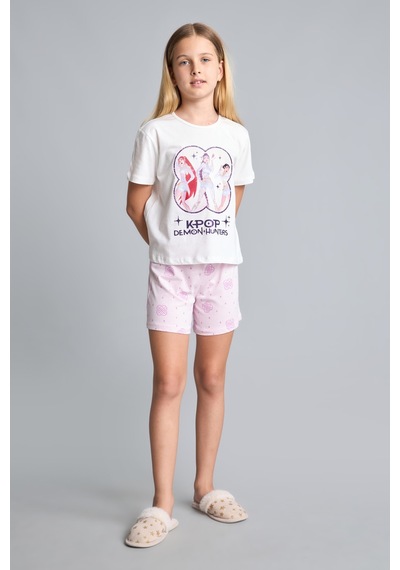 Defacto Kpop - Demon Hunters Lisanslı Regular Fıt Elastik Bel 2li Ekru Pijama Takımı Kız Çocuk H8098a826smer105 Ekru-er105